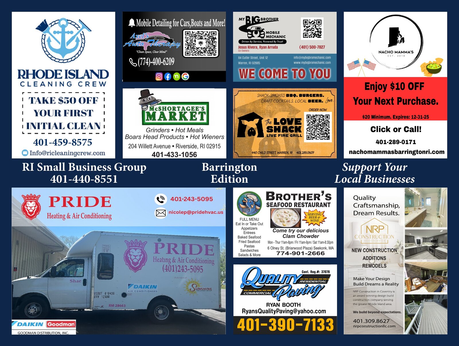 RI Small Business Group 9x12 jumbo mailer featuring local Rhode Island businesses
